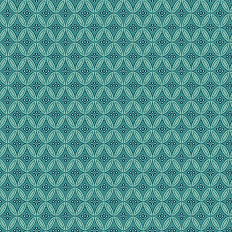 Bright teal fabric with a pattern of retro diamond shapes with small circles