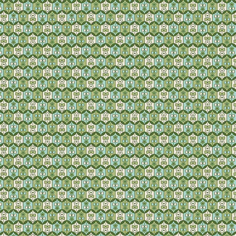 Retro geometric design in dark green, light green, aqua, and cream, with small florals