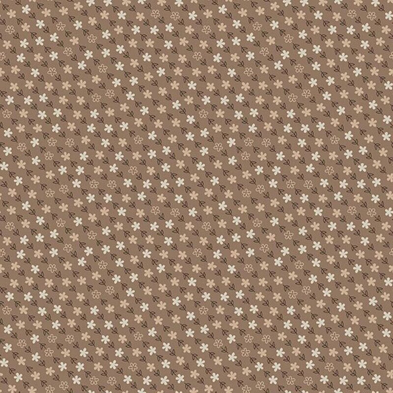 Walnut brown fabric with a wavy pattern of cream, taupe, and brown flowers
