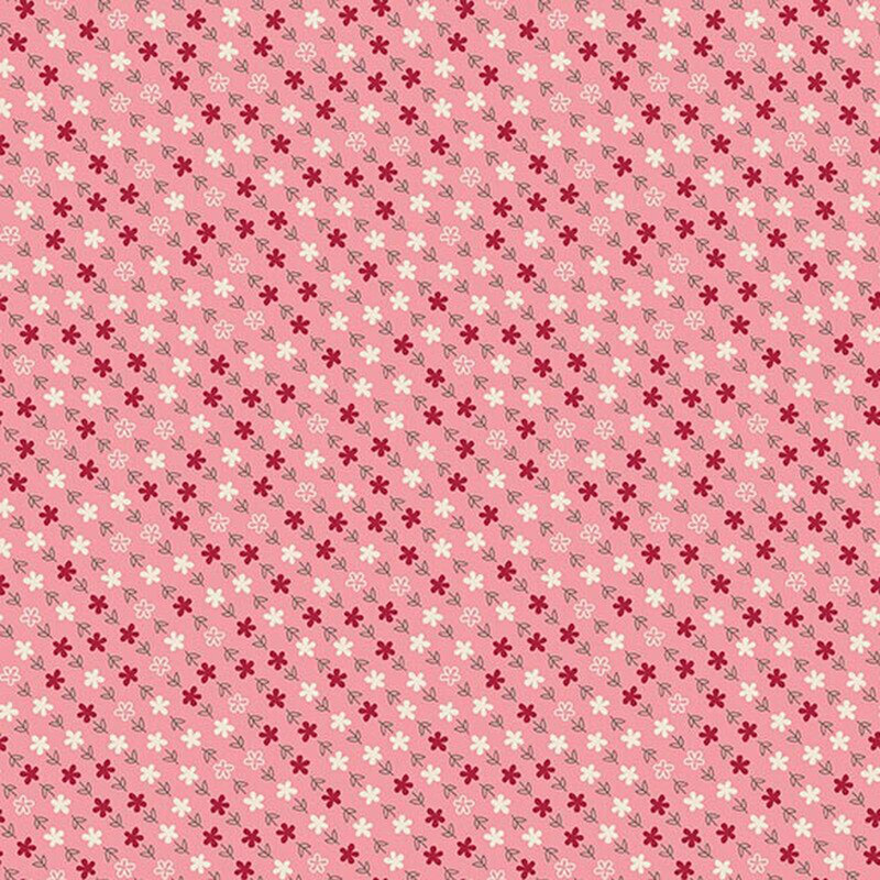 Blush pink fabric with a diagonal pattern of cream, red, and gray flowers
