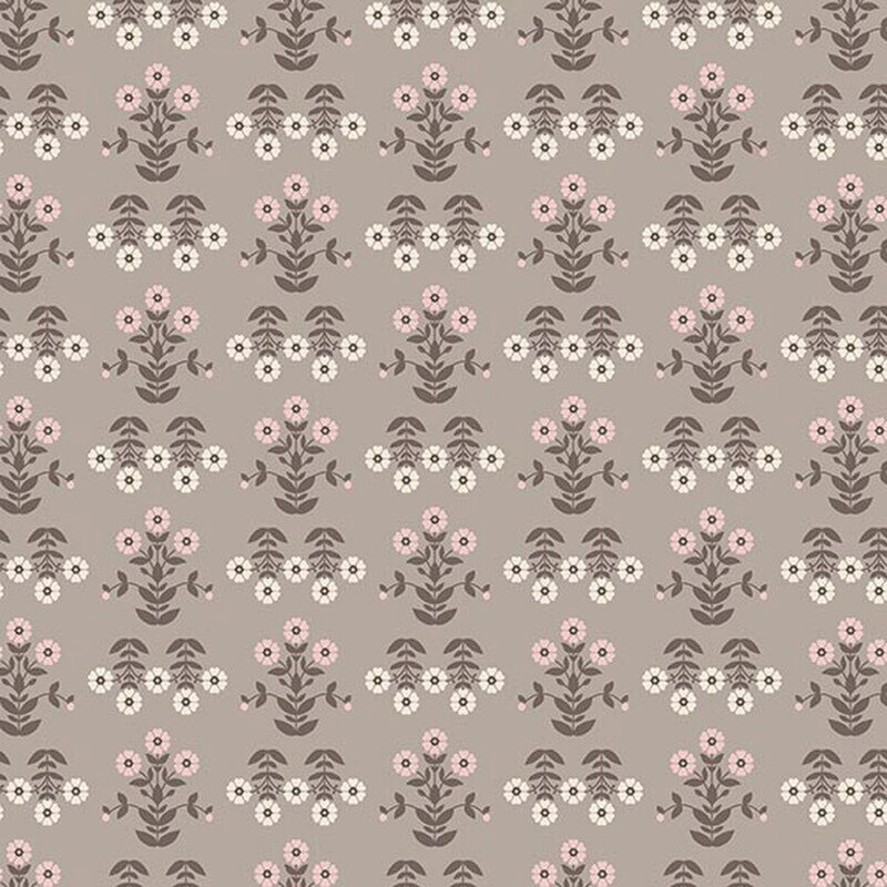 Slate gray fabric with a damask pattern of pastel pink and cream flowers with dark gray stems