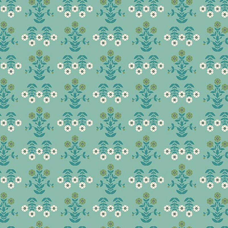 Turquoise fabric with a damask pattern of green and cream flowers with teal stems