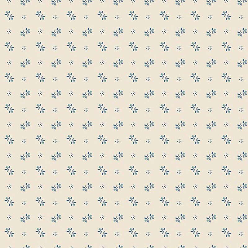 Eggshell fabric with a ditsy pattern of primitive navy blue motifs