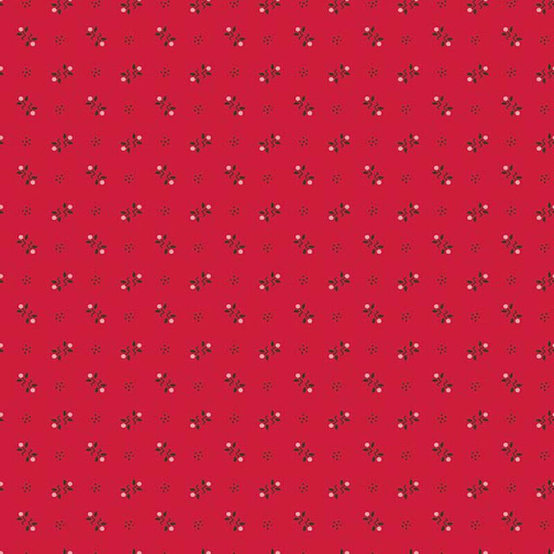 Cherry red fabric with a ditsy pattern of primitive black and white motifs