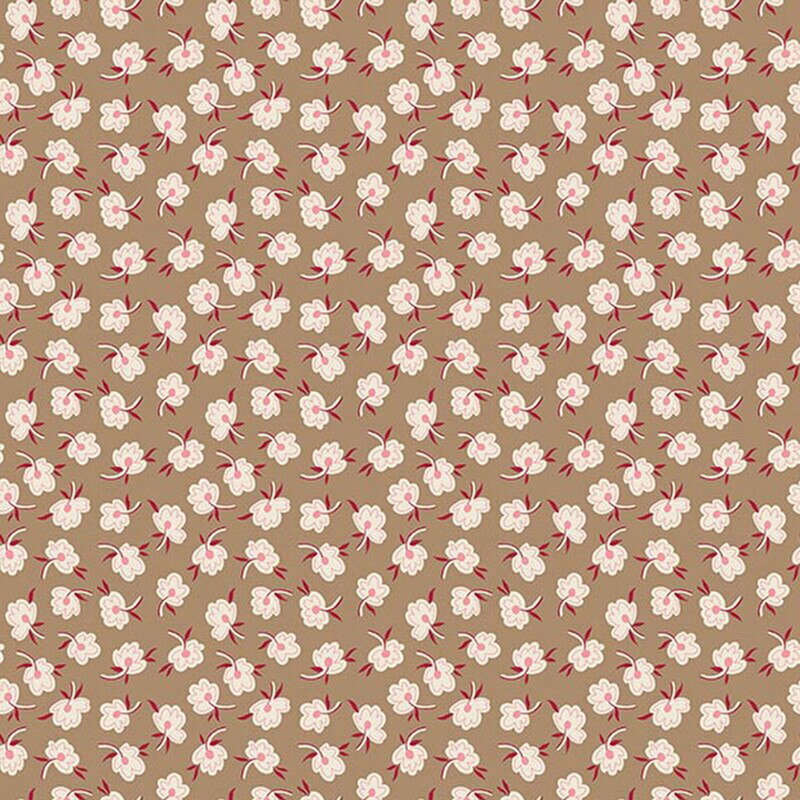 Latte brown fabric with a calico pattern of white flowers with pink centers and red leaves