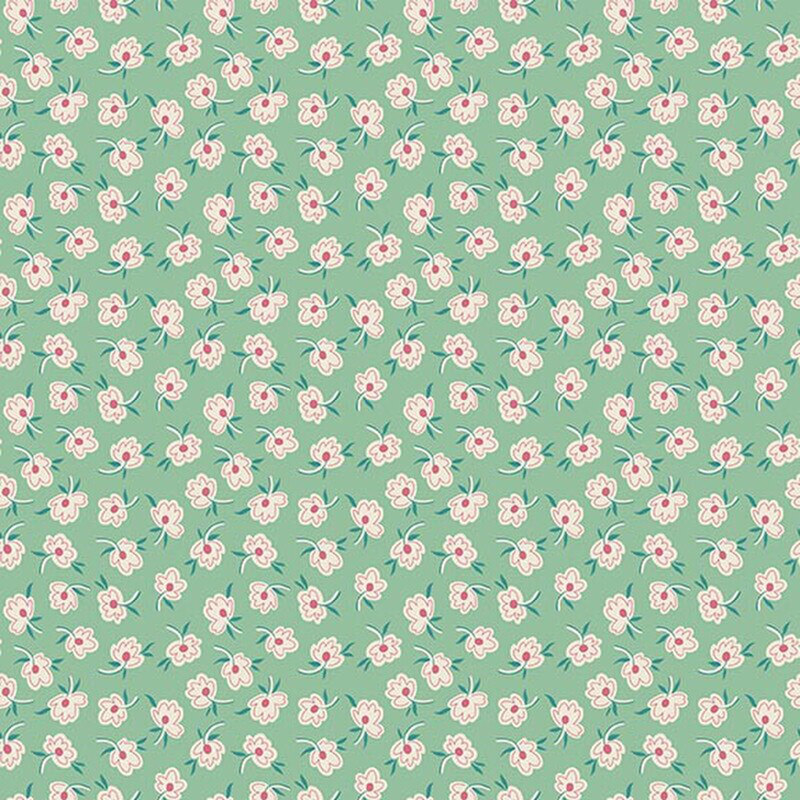Jade green fabric with a calico pattern of cream flowers with red centers and teal leaves