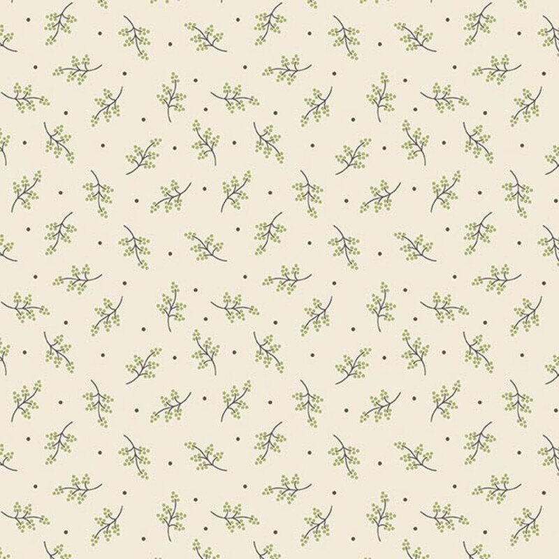Cream fabric with tossed leafy stems in green