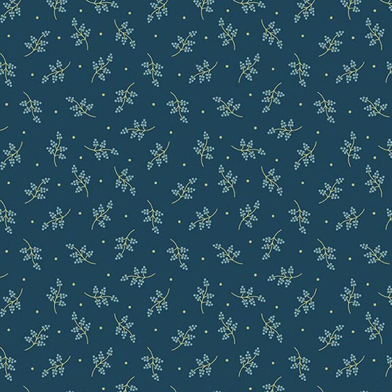 Lagoon blue fabric with tossed leafy stems in turquoise