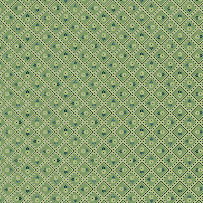 Herb green fabric with a light green lattice with black dotted lines and small green marigolds