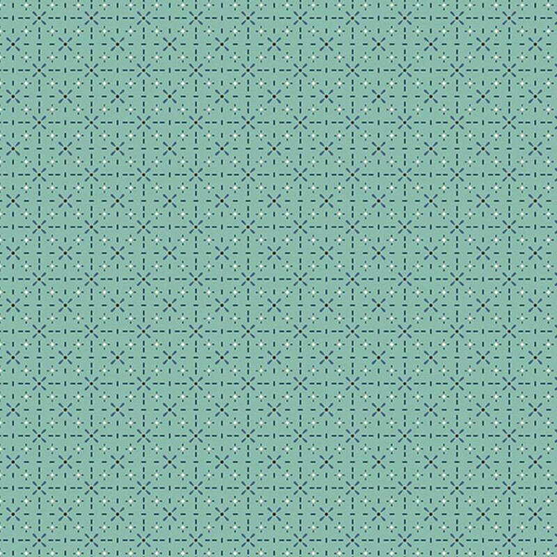 Turquoise fabric with a primitive geometric pattern