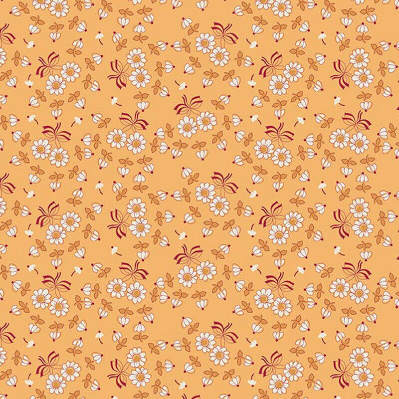 Goldenrod yellow fabric with a retro pattern of white daisies with deep red stems