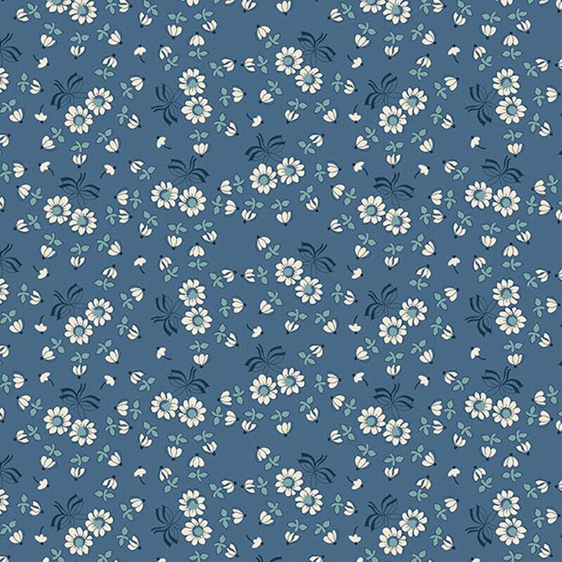Denim blue fabric with a retro pattern of white daisies with navy blue stems