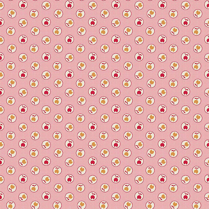 Pink cross hatch textured fabric with a pattern of red and gold tulips in cream circles