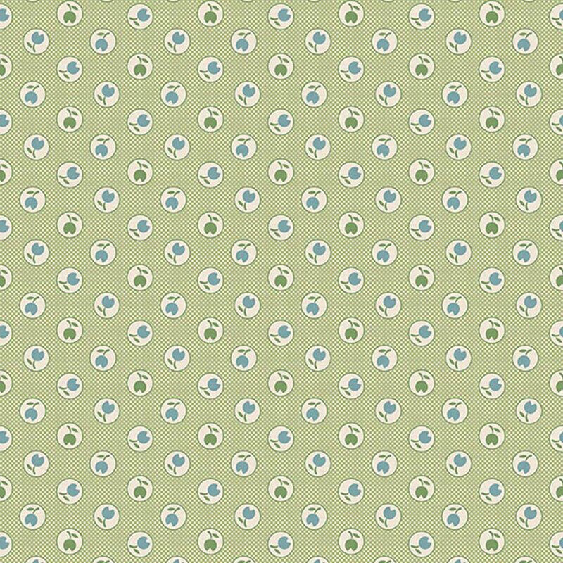 Lettuce green cross hatch textured fabric with a pattern of blue and green tulips in cream circles