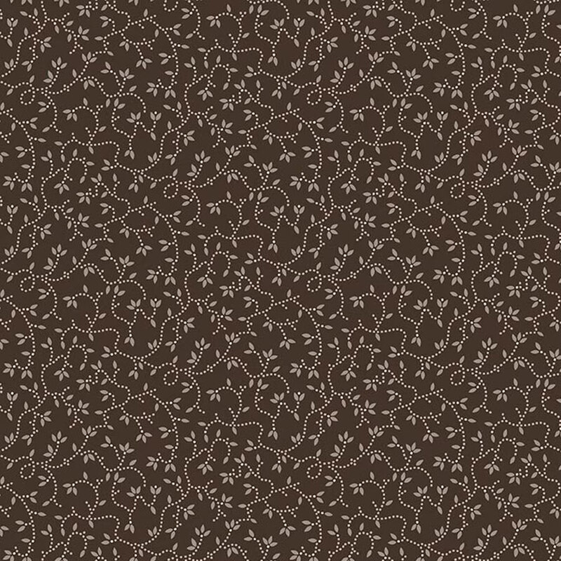 Carob brown fabric with an all-over pattern of taupe vines