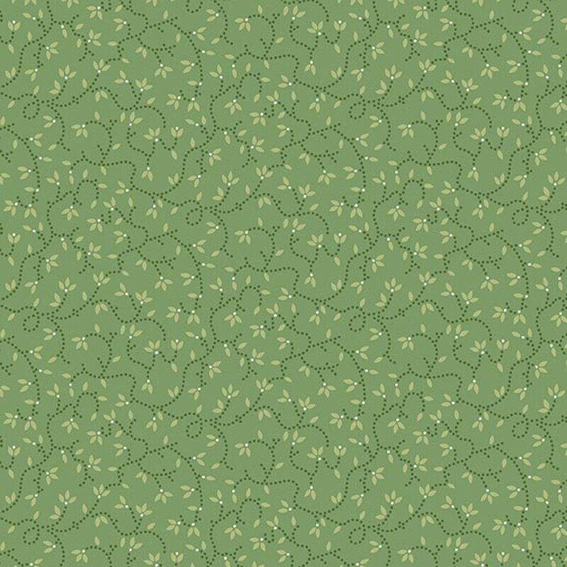 Herb green fabric with an all-over pattern of light and dark green vines