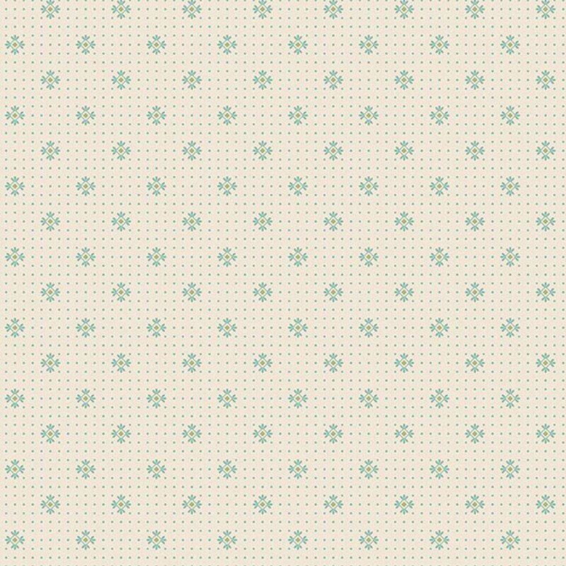 Cream fabric with pale green dots and primitive pale green motifs.