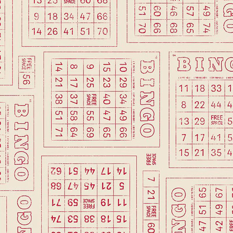 Beige fabric with a pattern of red outlined bingo cards