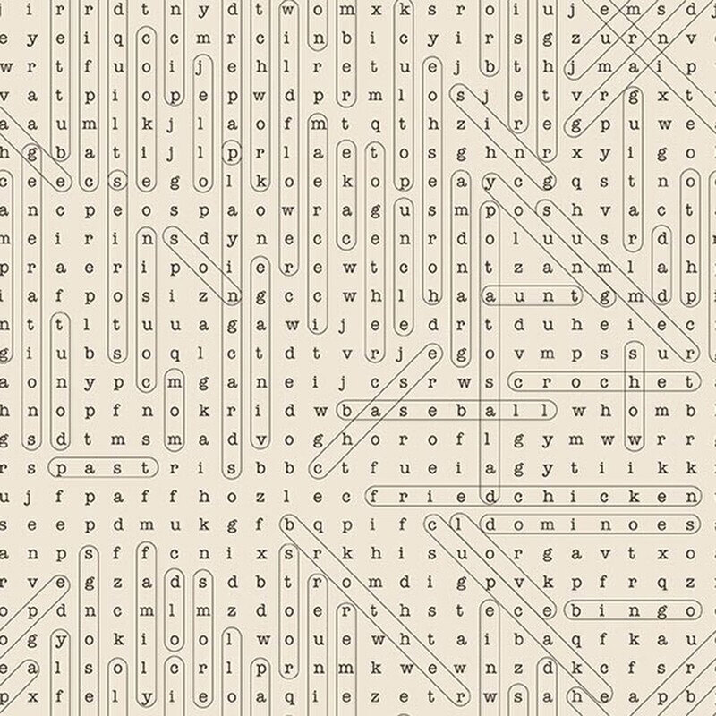 Cream beige fabric with a charcoal word search pattern and circles around each family-themed word