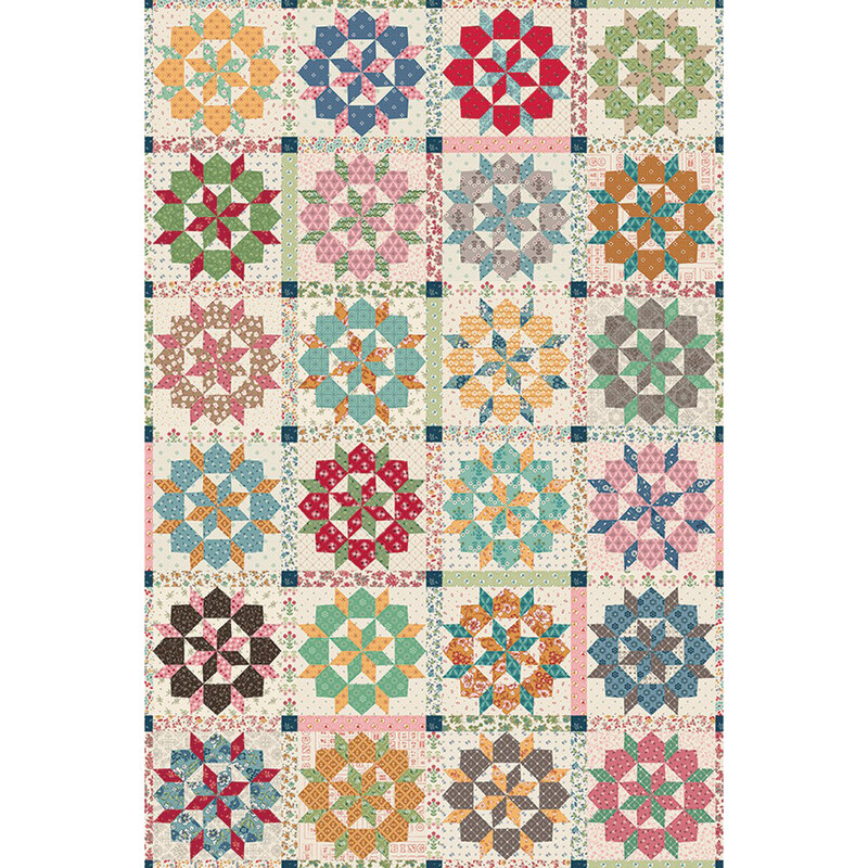 Cream fabric with a patchwork design featuring floral and geometric prints from the collection. Image shows the full repeat of the fabric.