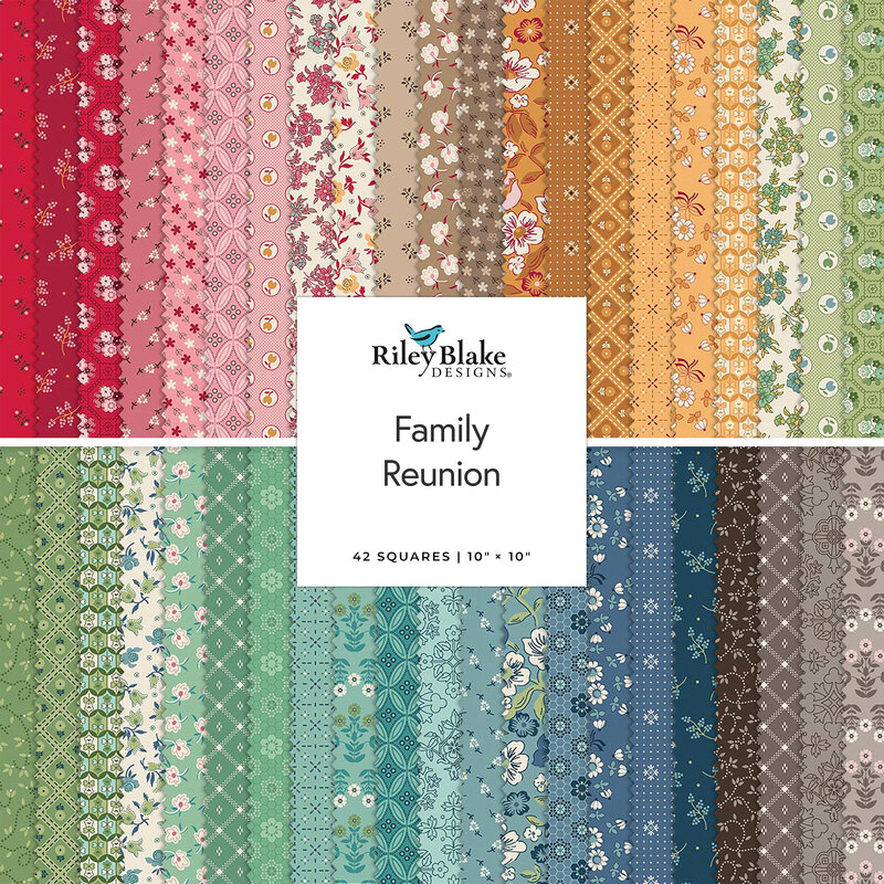 Square collage of fabrics from the collection, in bright red, pink, gold, green, blue, charcoal, and cream colored vintage floral prints 