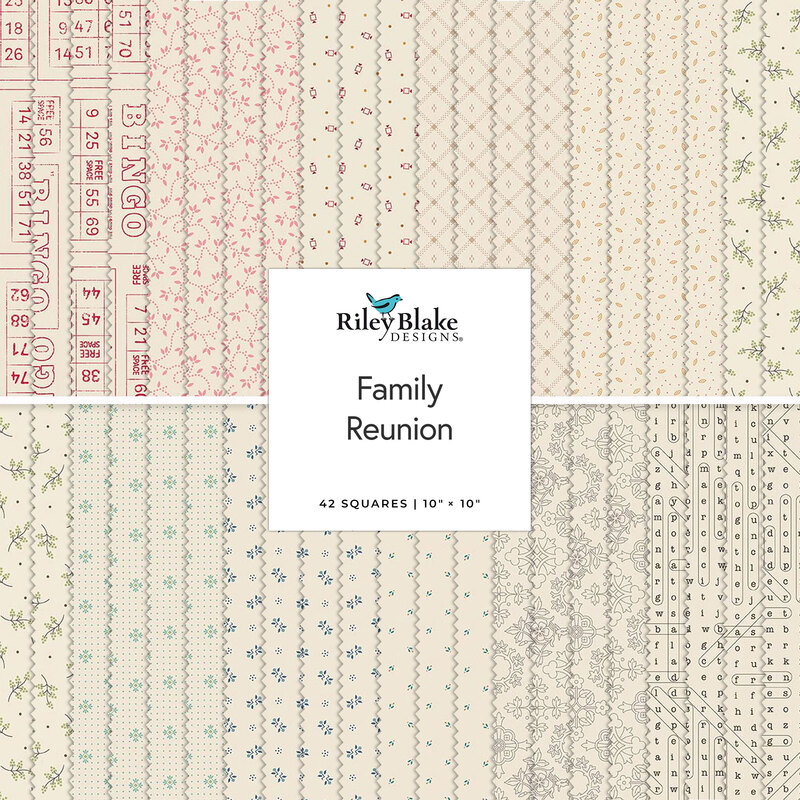 Collage of background fabrics from the collection, in cream colored vintage and floral prints 