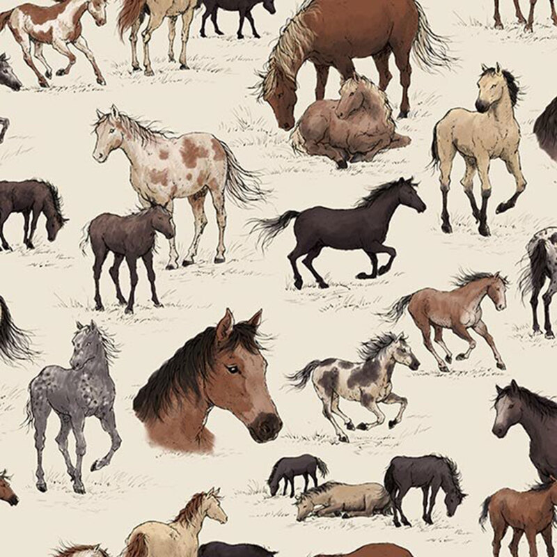 Warm cream fabric with an array of horses and foals in tan, gray, and black
