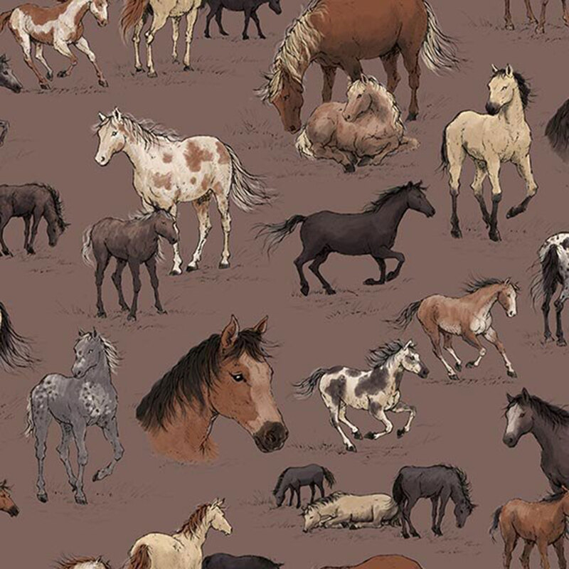 Raisin brown fabric with an array of horses and foals in tan, gray, and black