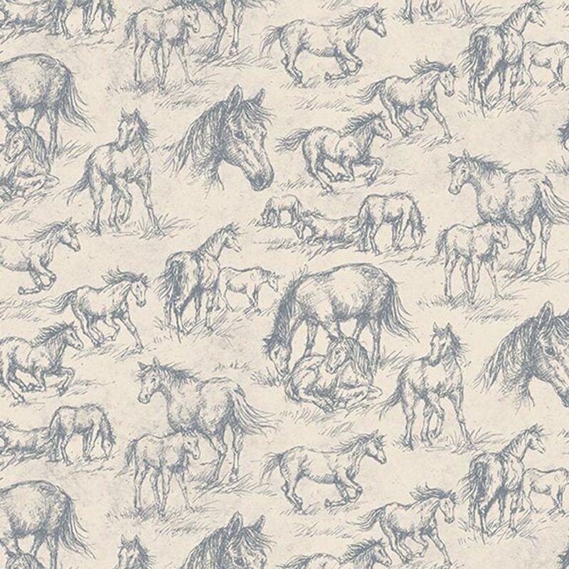 Light beige fabric with a gray sketchbook style pattern of horses and foals