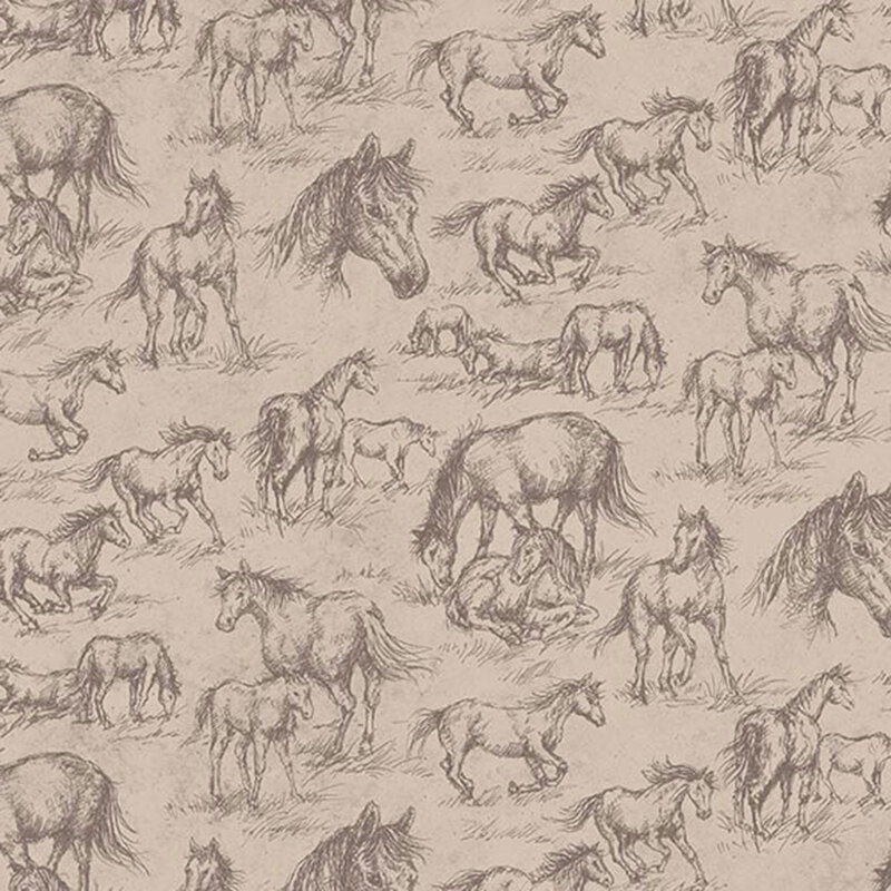 Warm tan fabric with a brown sketchbook style pattern of horses and foals