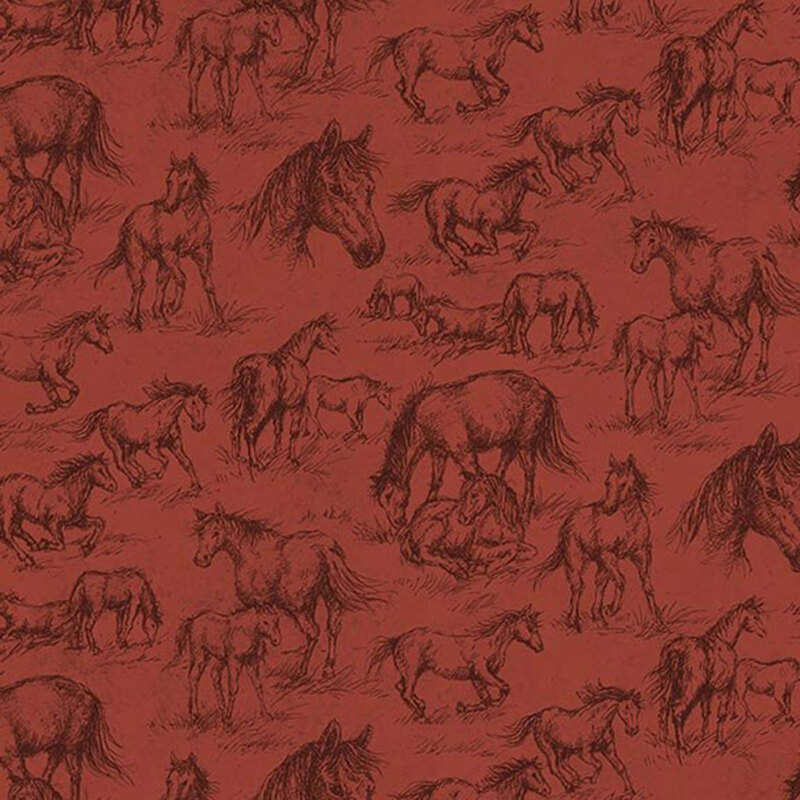 Brick red fabric with a burgundy sketchbook style pattern of horses and foals