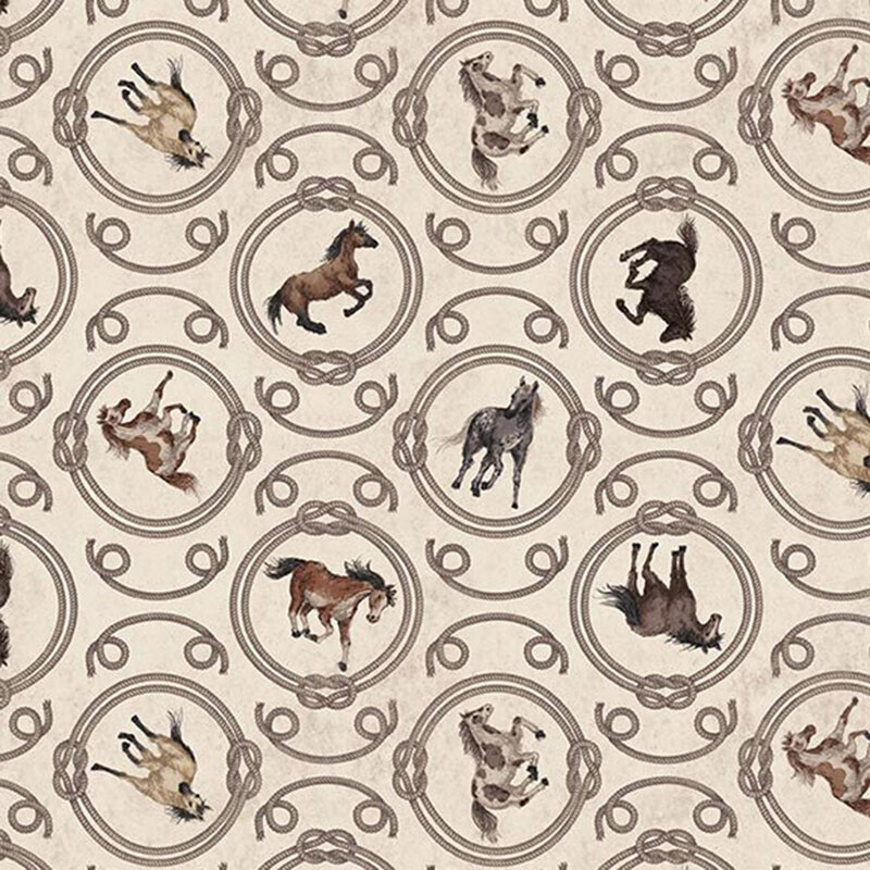 Textured cream fabric featuring a pattern of horses within ornamental rope medallions