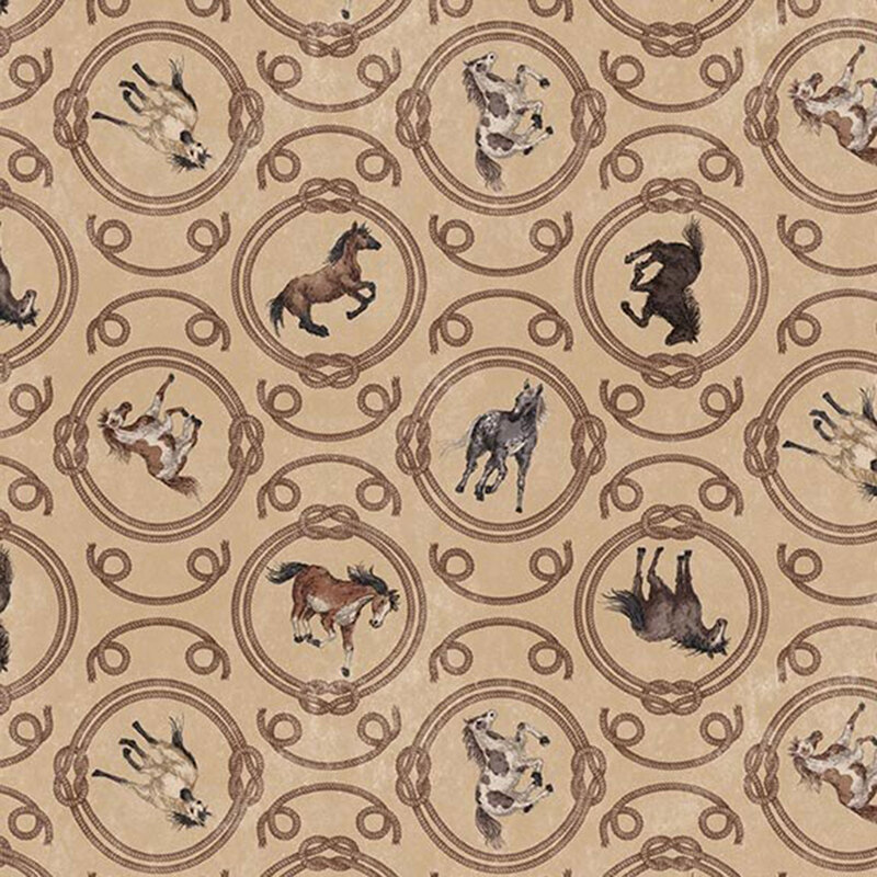 Warm tan fabric featuring a pattern of horses within ornamental rope medallions