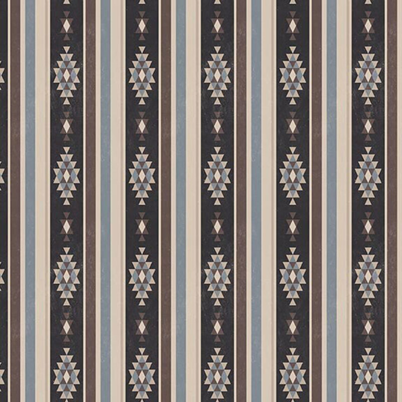 Striped beige, brown, gray, and denim blue fabric with southwestern geometric shapes.
