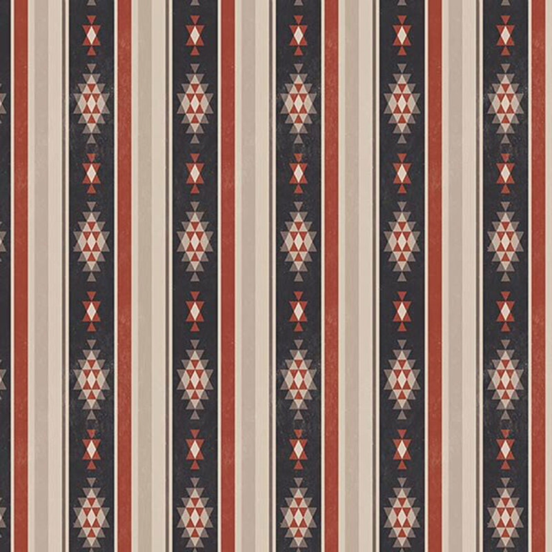 Striped beige, gray, and russet red fabric with southwestern geometric shapes.