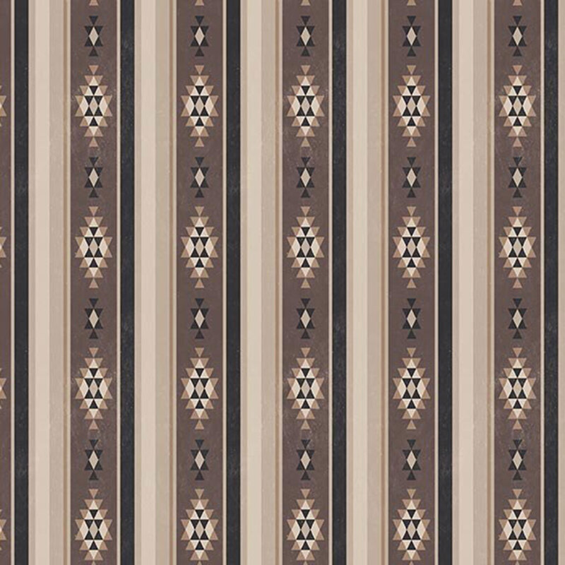 Striped beige, brown, and gray fabric with southwestern geometric shapes.