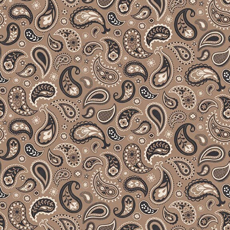 Mushroom brown fabric with a dark gray and white paisley design