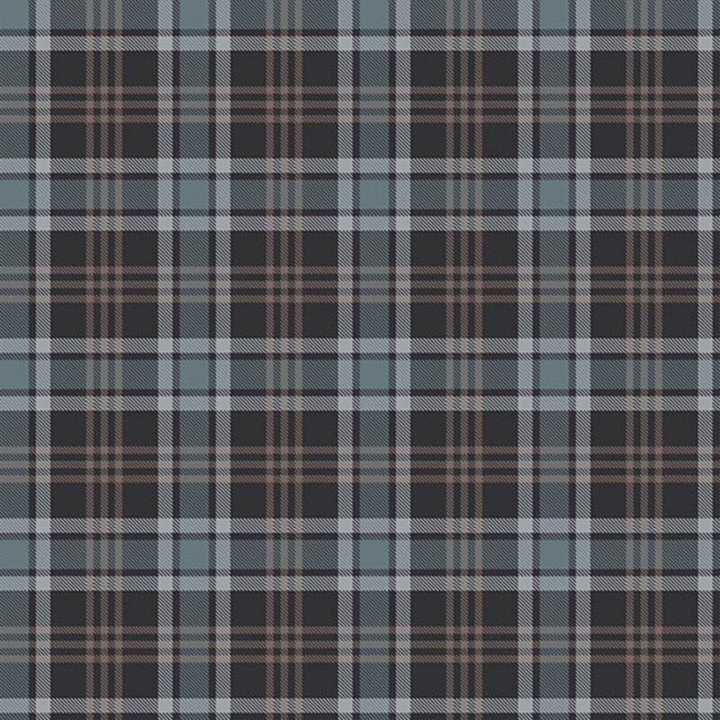 Cadet blue, dark gray and tan plaid fabric
