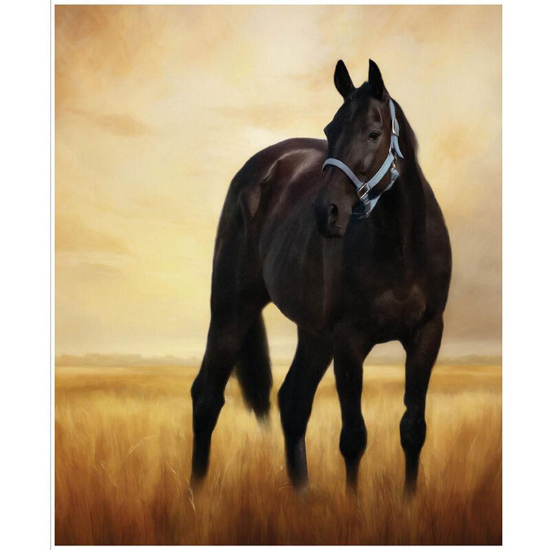 Fabric panel featuring a textured, stylized dark horse in a wheat field against a golden sky