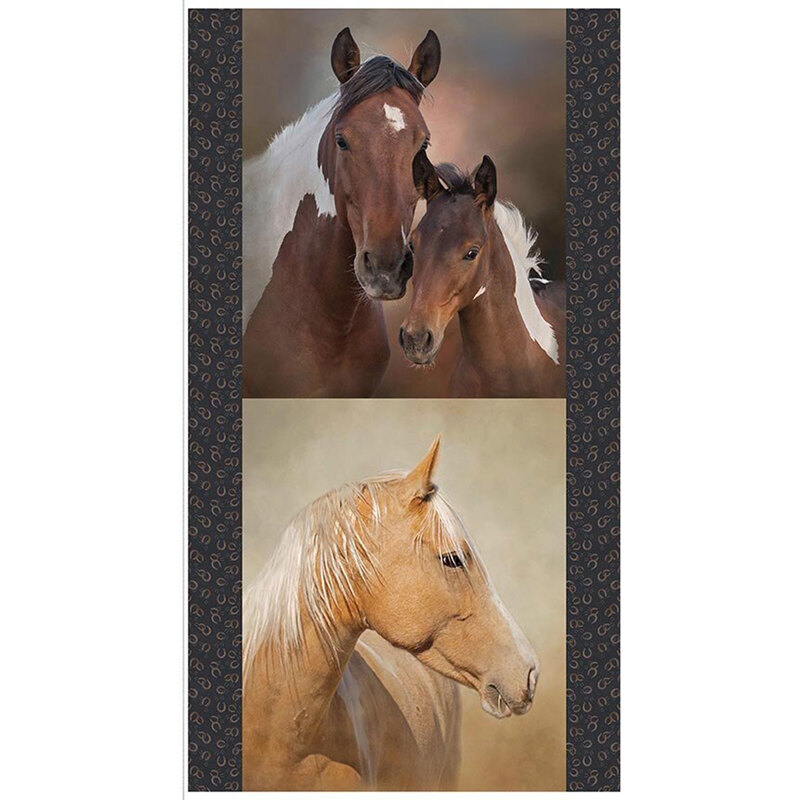 A fabric panel featuring two images, on top, a horse and foal with a brown background, on the bottom, a tan horse with a tan background. There are dark gray borders with tossed horseshoes on either side. 