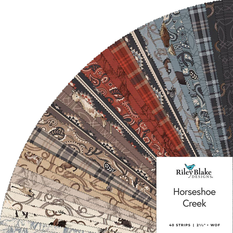 Fanned out collage of fabrics in the collection in cream, tan, russet red, denim blue, and charcoal with equestrian, southwestern, and Americana themes.