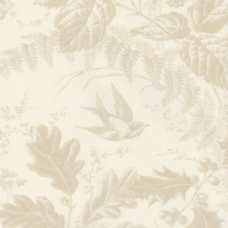 Cream fabric featuring tonal leafs and birds.