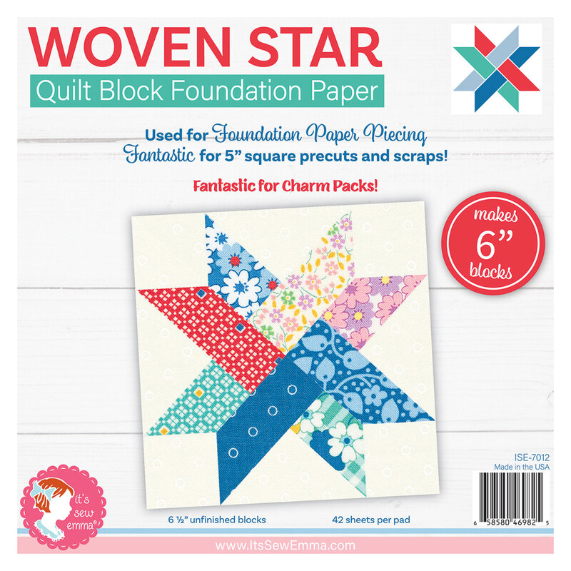 Packaging for Woven Star Quilt Block Foundation Paper featuring a multicolored quilt block design on a white background with the product title and information across the top
