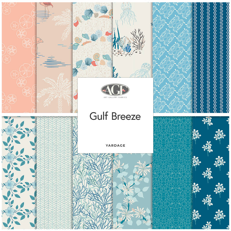A square collage of the Gulf Breeze collection featuring shells, florals, and marine life in shades of peach, aqua, and blue.