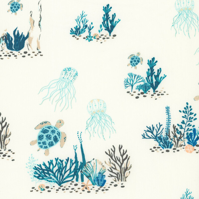 Off white fabric featuring scenes of coral, turtles, and jellyfish in hues of teal, blue, and coral.