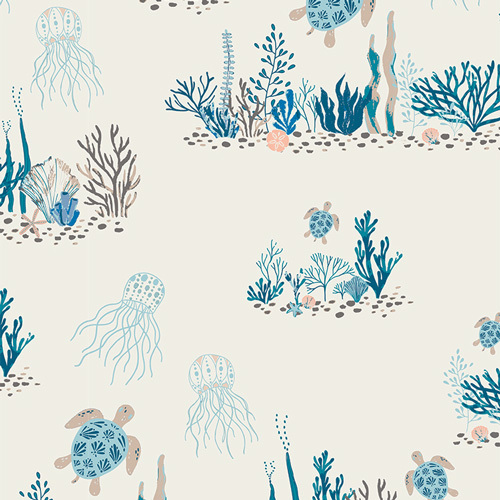 Off white fabric featuring scenes of coral, turtles, and jellyfish in hues of teal, blue, and coral.