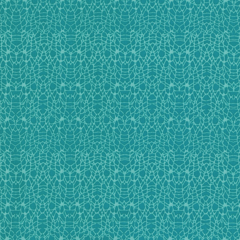 A medium teal fabric swatch with an organic, web-like print in aqua.