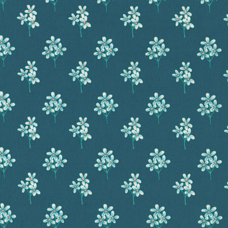 Dark teal blue fabric featuring white floral sprigs in a repeating pattern.