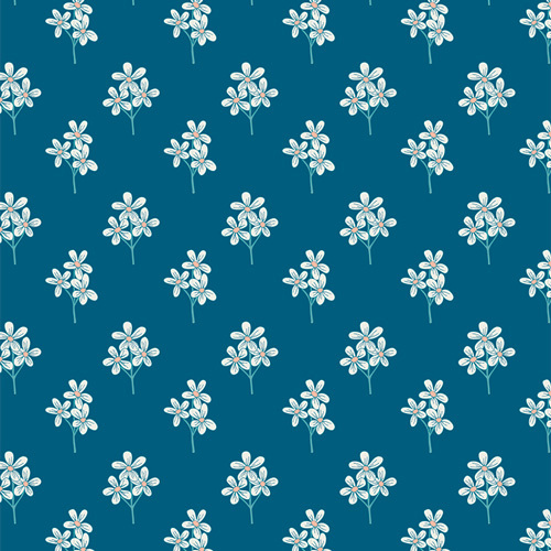 Dark teal blue fabric featuring white floral sprigs in a repeating pattern.