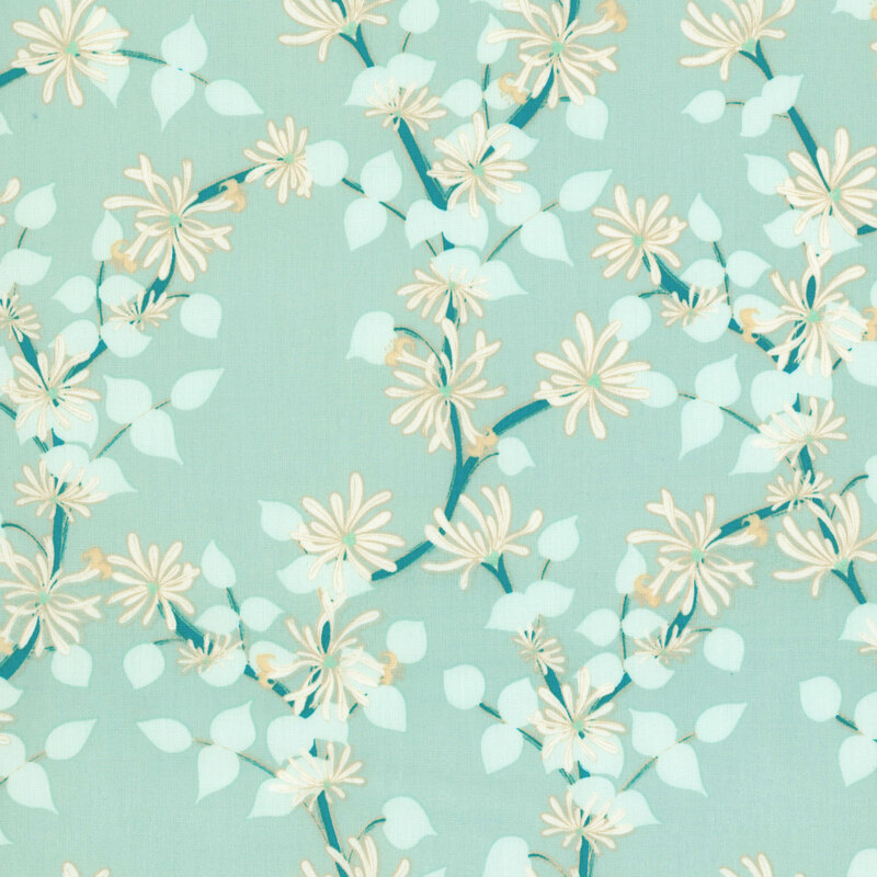 A very light teal fabric featuring winding branches with leaves and white jasmine blossoms.